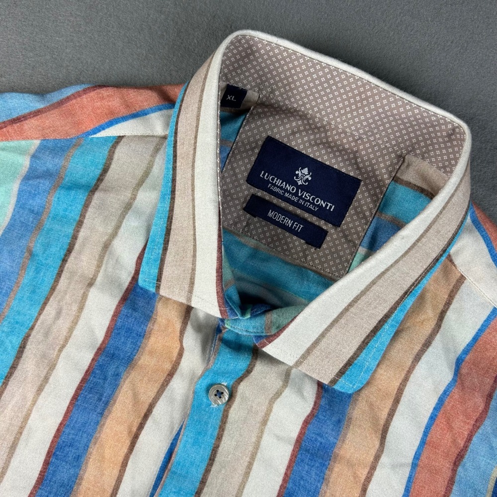 Luchiano Visconti Button Down Mens XL Multi Color Striped Modern Short Sleeve